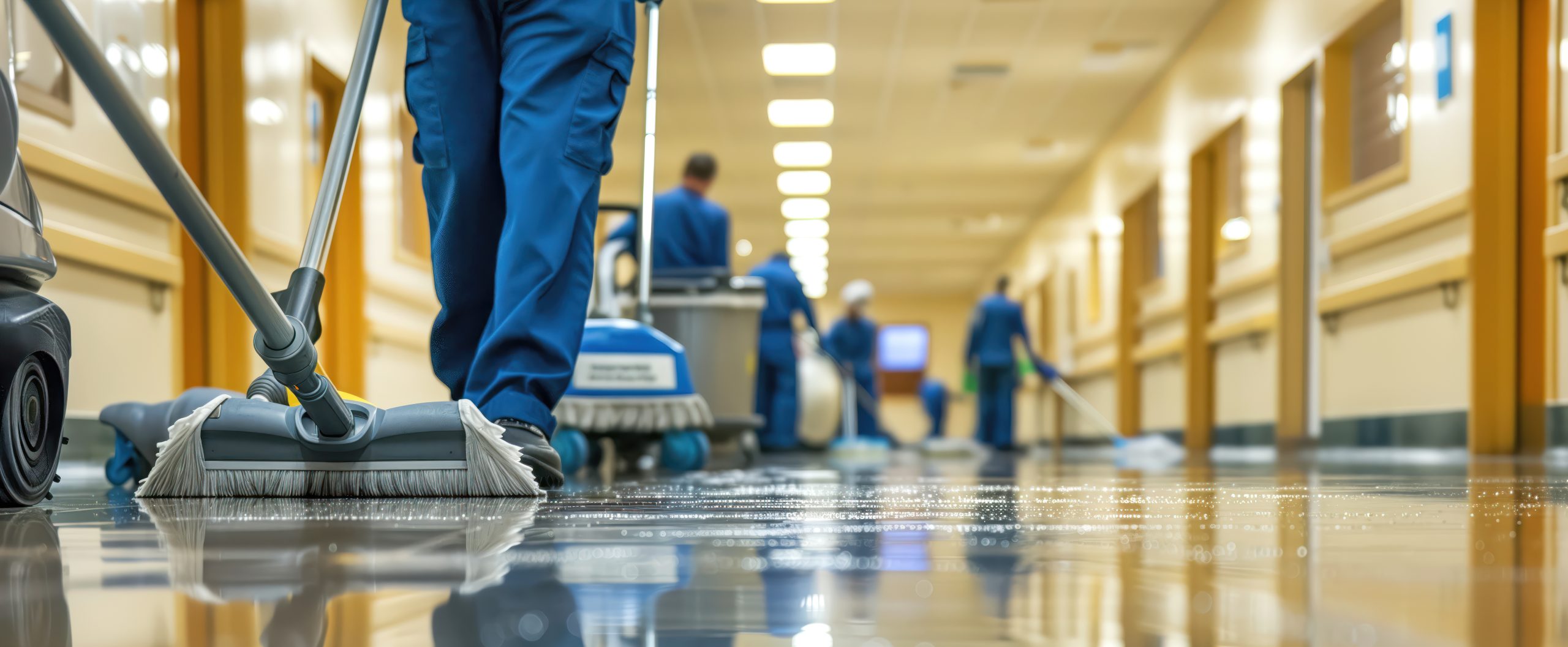 Professional Cleaning Crew in Action. Several people cleaning a spacious area, illustrating the concept of thorough cleaning