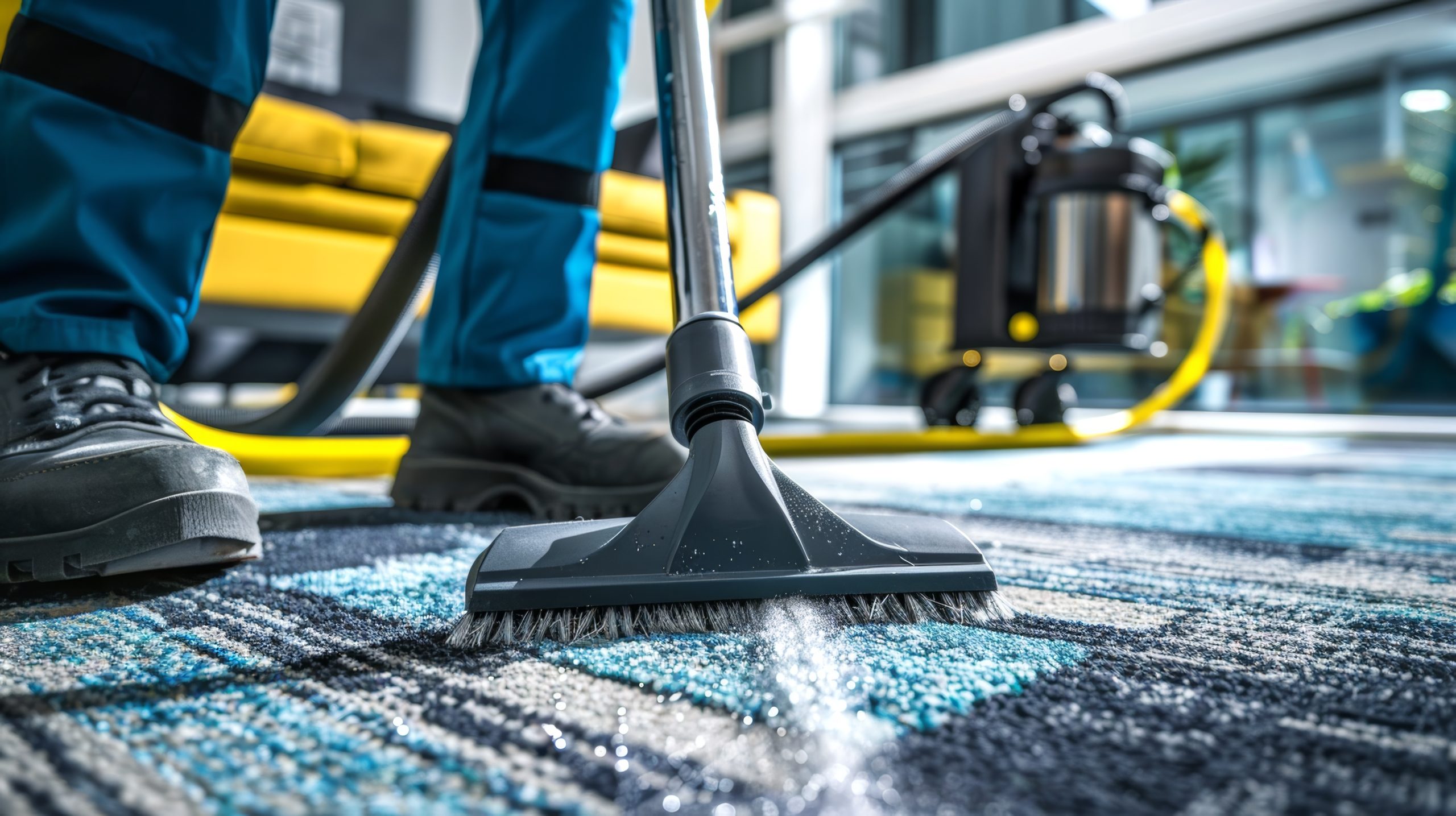 Industrial vacuum cleaner used by professional cleaners on office carpet. Expert rug care in an office environment. Concept of commercial cleaning service, expert maintenance, and office sanitation.